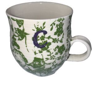 Anthropologie Green HOMEGROWN Monogram Initial "C" Floral Bird Coffee Mug Cup